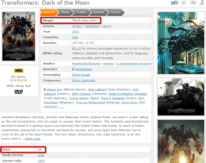 Tagline and cost fields on the movie page