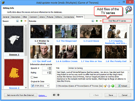 Link episodes of the TV series to video files