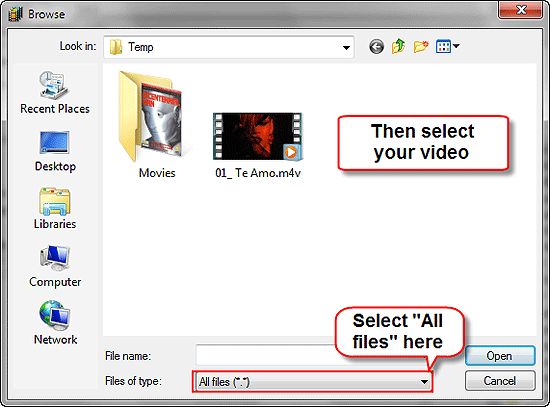 Open video file of any type