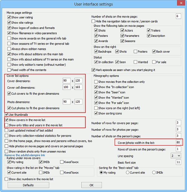 Movie list-related settings