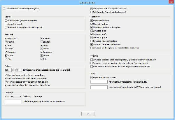 IMDb script settings window