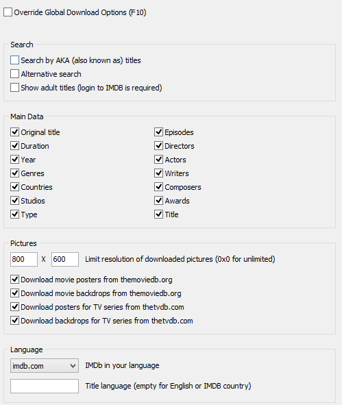 The left column of IMDB settings