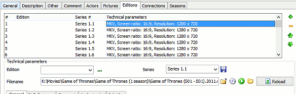 Editions tab for a TV series