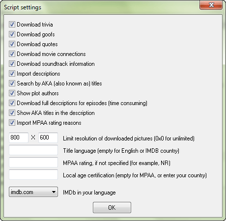 IMDB script settings