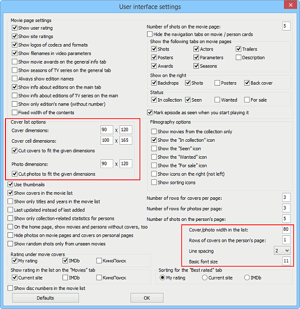 User interface settings