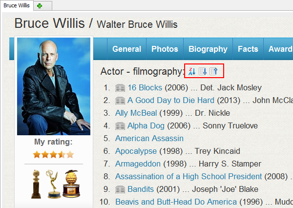 The filmography now can be sorted in different ways