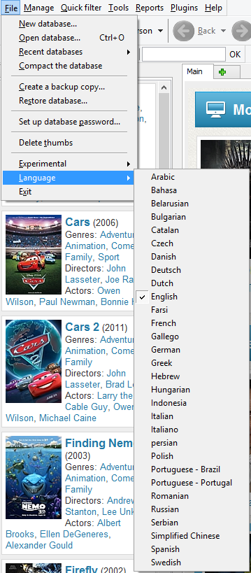Interface languages in Movienizer