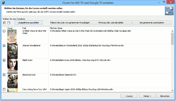 Whlen Sie Filme aus, fr die Sie Covers erstellen wollen