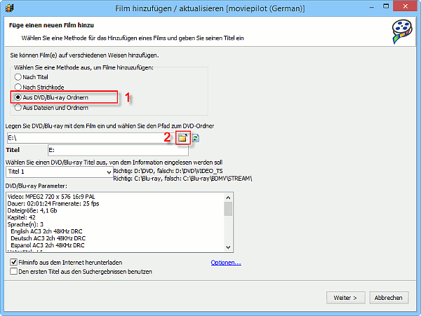 Einen Film von DVD oder Blu-ray hinzufgen