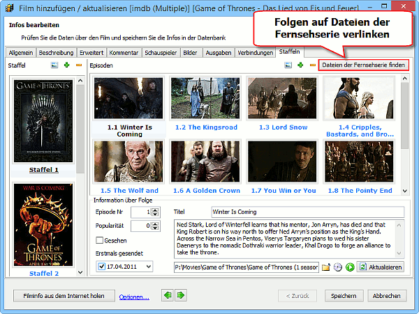 Folgen der Fernsehserie auf Videodateien verlinken