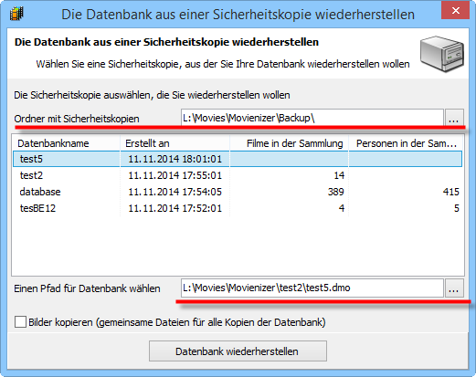 Eine Filmdatenbank wiederherstellen