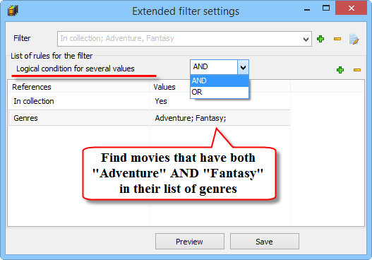 Logical condition for the extended filter