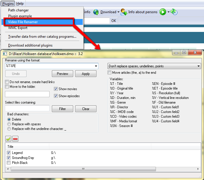 Video file renamer plugin