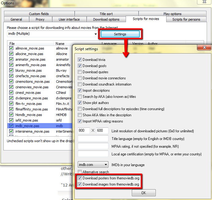IMDb script settings