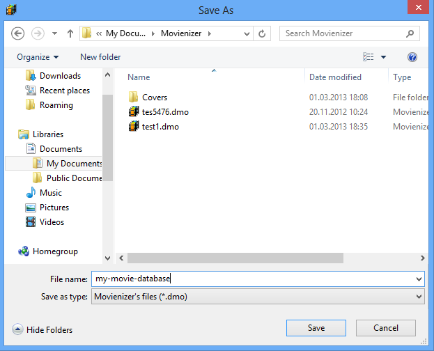 Select a folder and enter a filename for your database